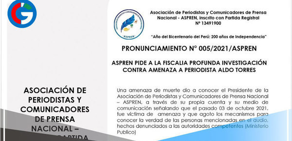ASPREN pide a la fiscalía profunda investigación contra amenaza a periodista Aldo Torres
