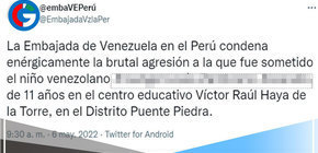 Embajada de Venezuela en Perú condena agresión a niño en Puente Piedra
