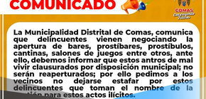 Alcalde de Comas emite un comunicado contra delincuentes que quieren aperturar locales cerrados