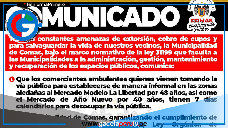 Municipalidad de Comas ordena desalojo de comerciantes ambulantes