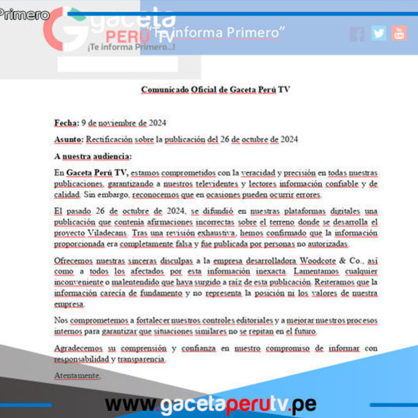 Gaceta Perú TV se rectifica sobre publicación del 26 de octubre de 2024
