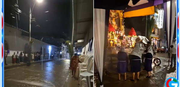 Fieles del Señor de los Milagros son sorprendidos por una fuerte lluvia