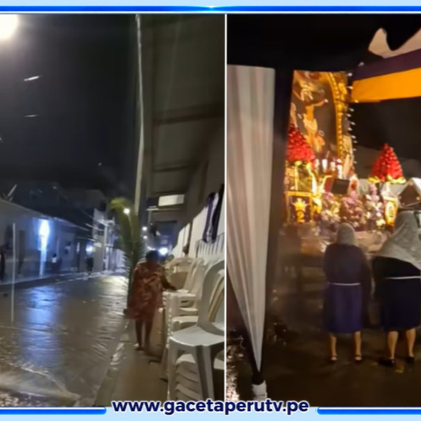 Fieles del Señor de los Milagros son sorprendidos por una fuerte lluvia